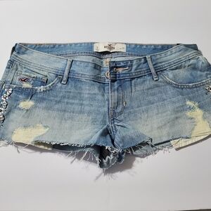 NWT Hollister Light Blue Distressed Jean Shorts with Pearl Details